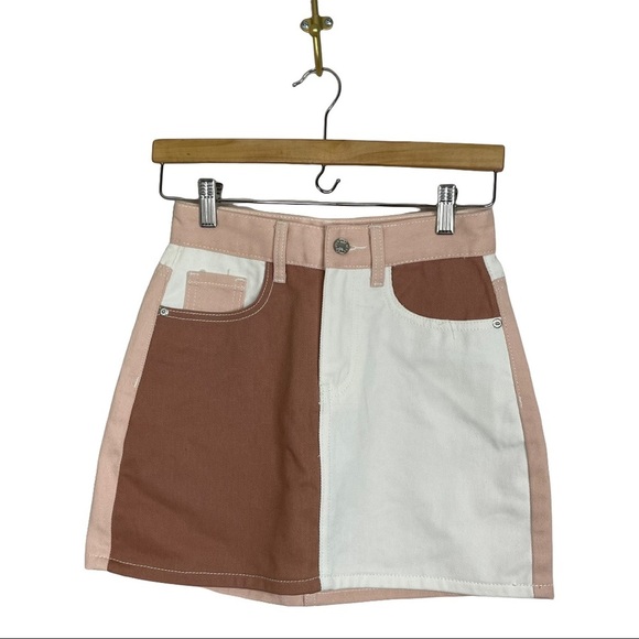 Nasty Gal Patch You Later Pink Rust Denim Mini Skirt Color Blocked Neutral NWT - Picture 9 of 9